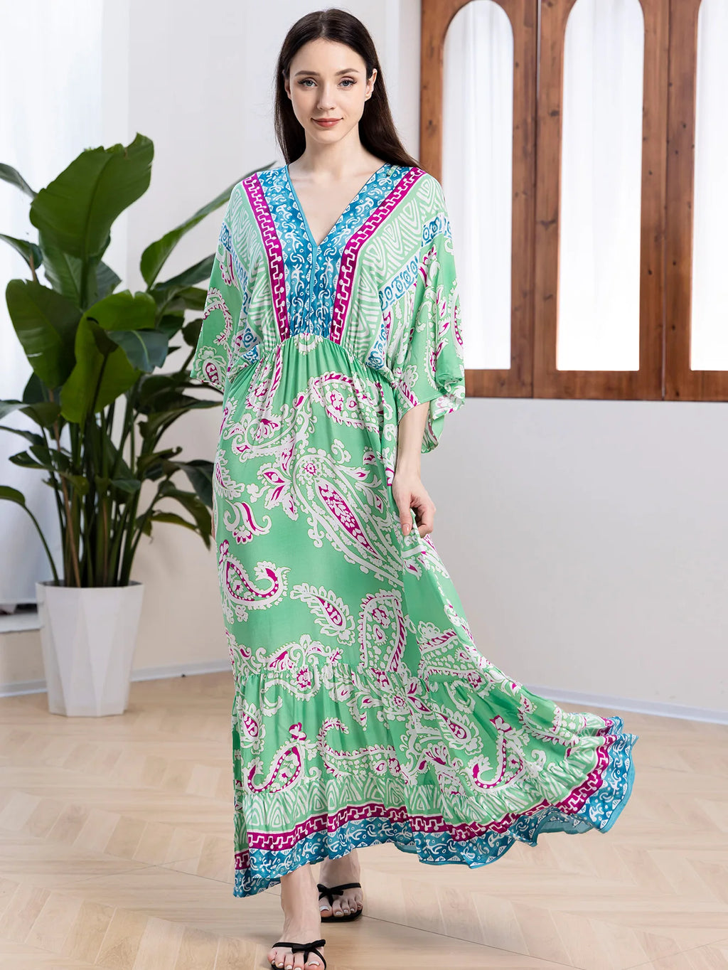 Bohemian Oversize Loose Elastic Waist Maxi Dresses Women Robe Cotton Rayon Floral Printed Long Dress Summer Boho Beach Cover up