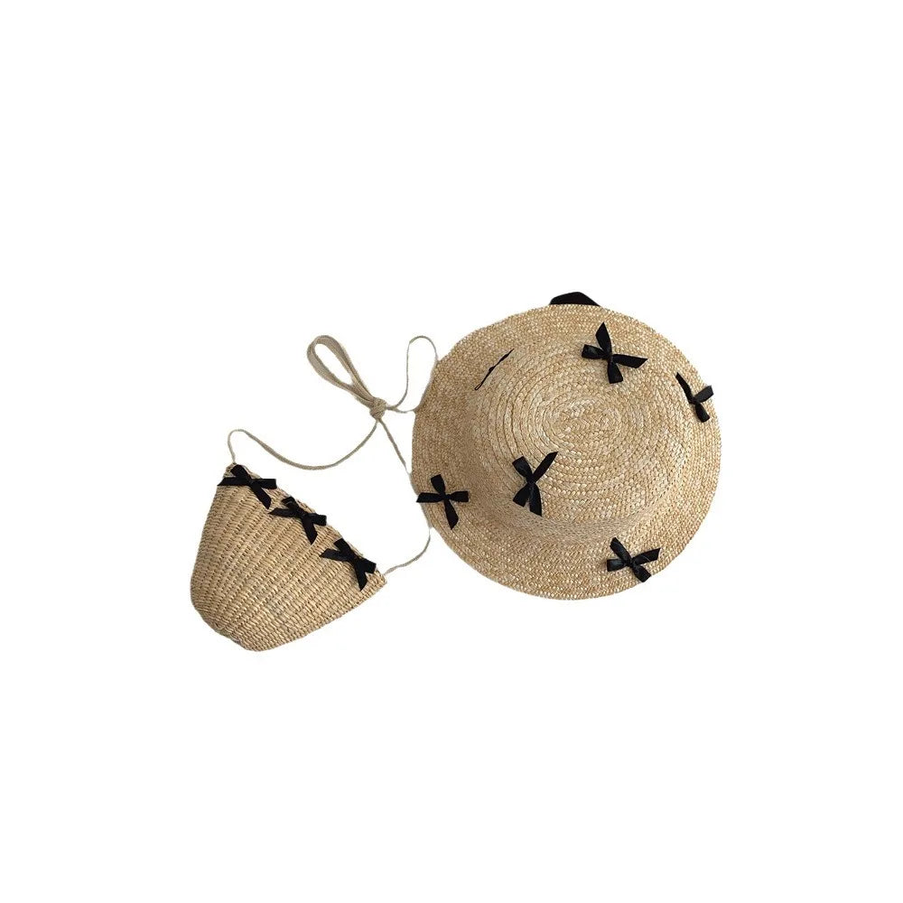 2025 Summer Kids Sun Hat Bag Printcess Bow Girls Panama Caps Kids Sun Protection Beach Straw Hat Bag
