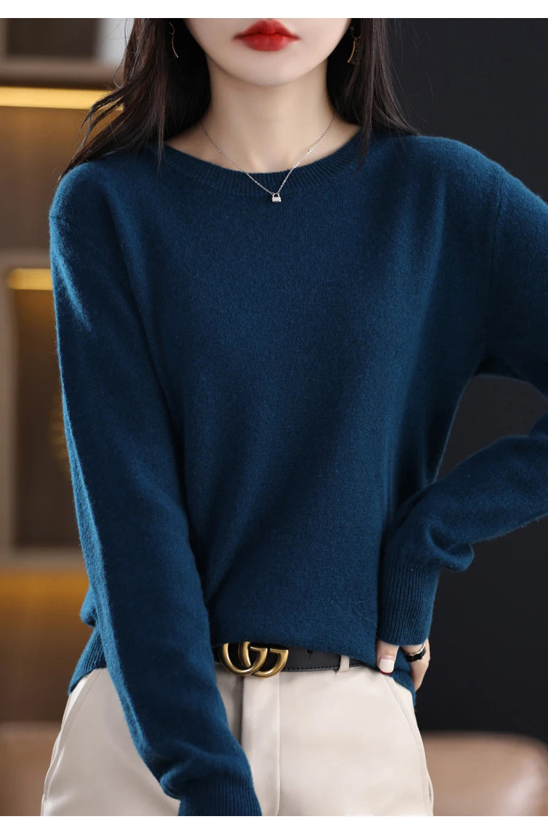 Women 100% Merino Wool Sweater O-Neck Long Sleeve Cashmere Knitwear Pullover Aliselect Fashion Autumn Winter Clothing Tops
