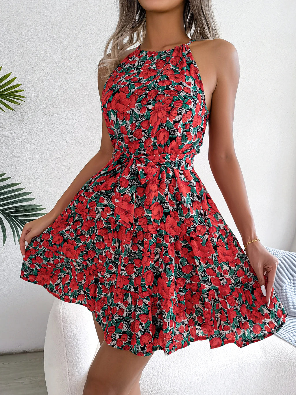 Casual Halter Ruffle Hem Sleeveless A-line Floral Print Dress For Women Summer