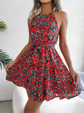 Casual Halter Ruffle Hem Sleeveless A-line Floral Print Dress For Women Summer
