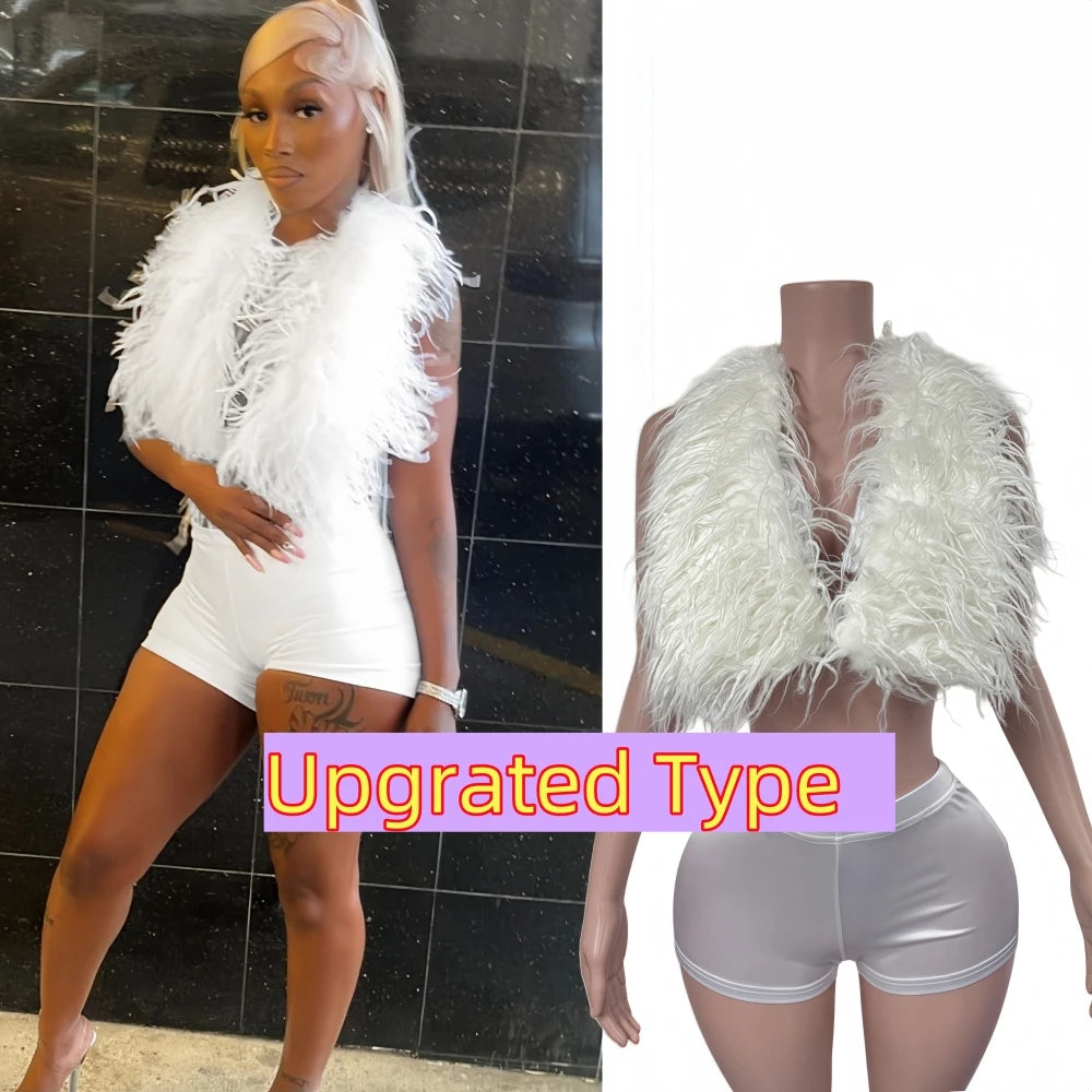 HLJ&GG Fashion Y2K Fur Hollow Out Streetwear Women Sleeveless Slim Crop Top And Shorts Outfits Female Trend 2pcs Outfits 2025