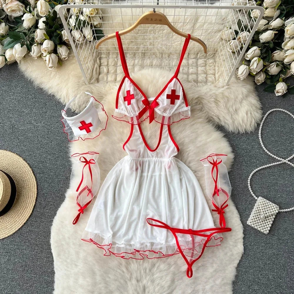 Sexy Cute Sweet Lace Backless Jumpsuit Women Slim Fit Bodysuit Girl Strap Bow knot Cosplay Hot Sweet Bow Ribbon Lingerie Dress