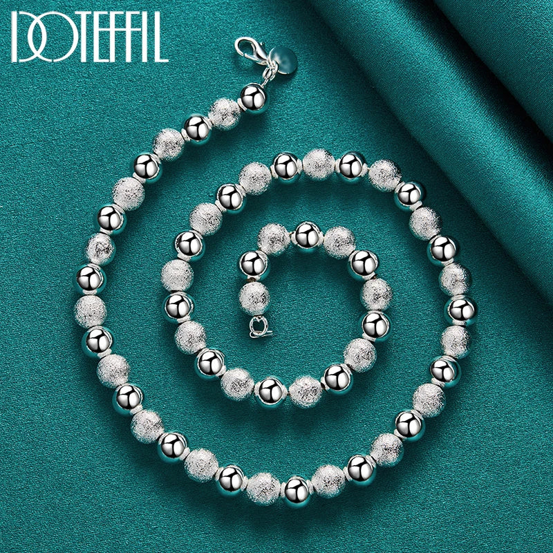 DOTEFFIL 925 Sterling Silver Matte Smooth 8mm Bead Necklace Bracelet Set For Woman Wedding Engagement Fashion Charm Jewelry