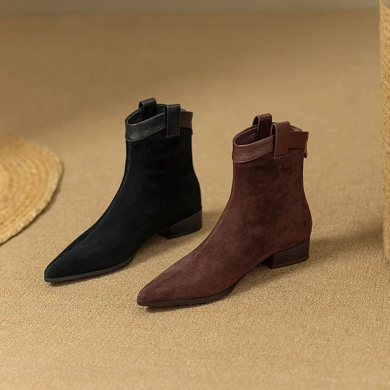 Women's Vintage Chunky Heel Ankle Boots Autumn Winter New Pointy Square Head Suede Back Zipper Soft Sole Non-slip Short Boots