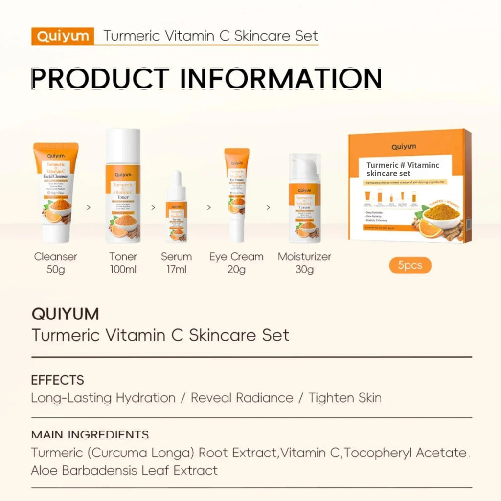 Vitamin C Kurkuma Gesichts-Set feuchtigkeitsspendend, straffend, 5-teiliges Set: Gesichtsreiniger, Toner, Essenz, Augenbehandlung, Feuchtigkeitspflege, Hautpflege