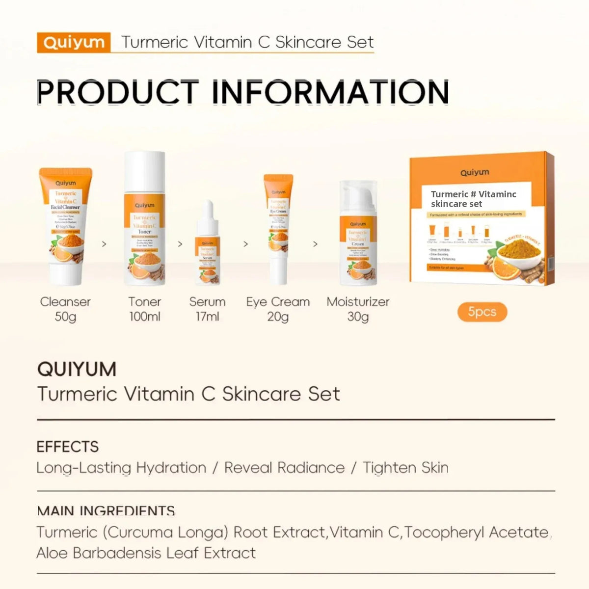 Vitamin C Kurkuma Gesichts-Set feuchtigkeitsspendend, straffend, 5-teiliges Set: Gesichtsreiniger, Toner, Essenz, Augenbehandlung, Feuchtigkeitspflege, Hautpflege