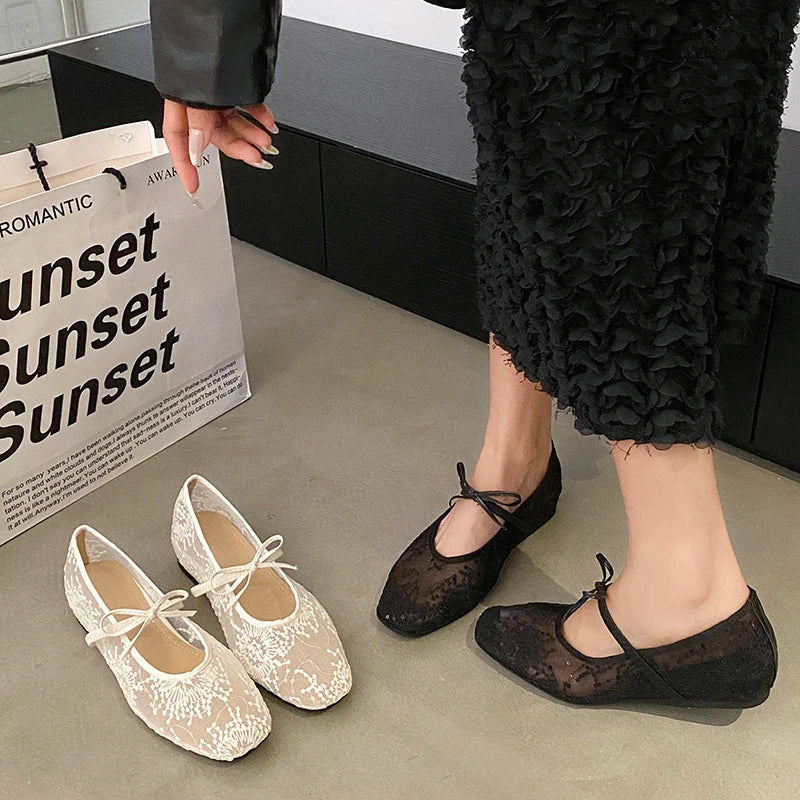 Mesh lace inner heightening women's shoes 2025 summer new sexy square head shallow breathable ballet shoes bow flat shoes
