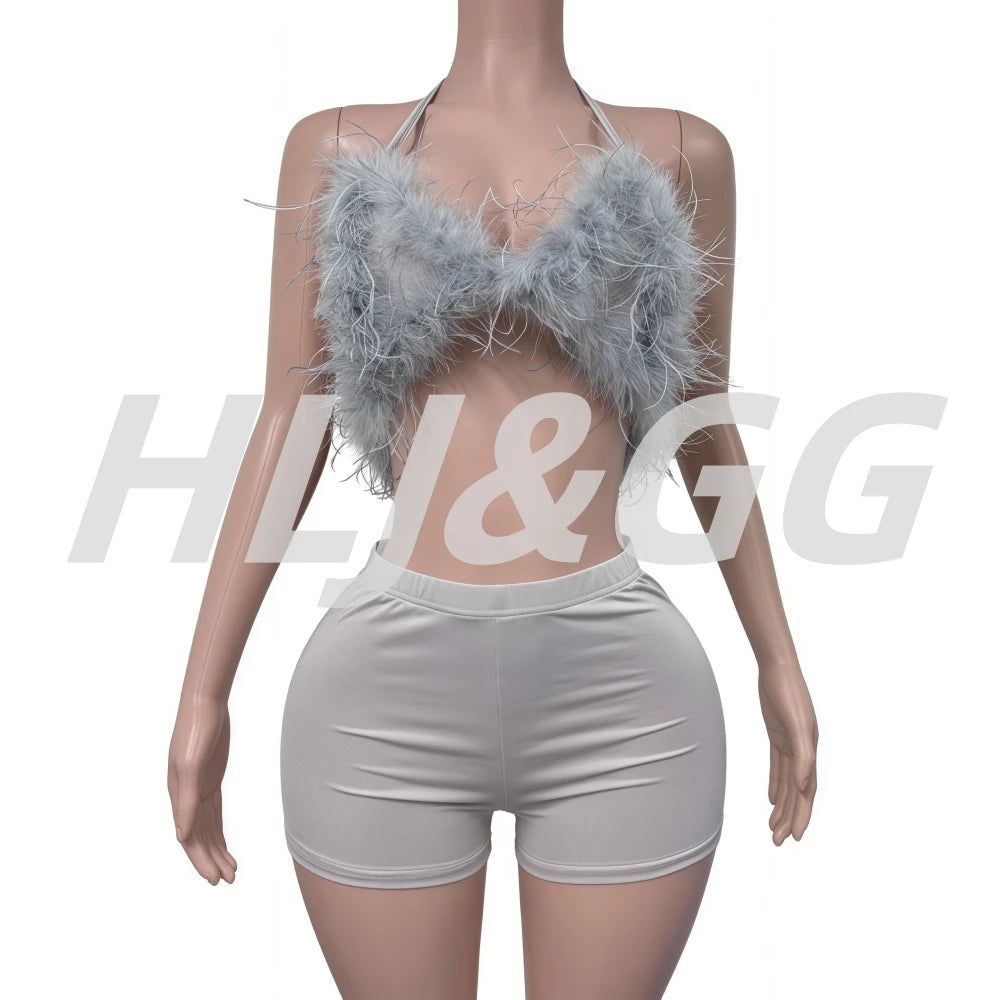 HLJ&GG Fashion Y2K Fur Hollow Out Streetwear Women Sleeveless Slim Crop Top And Shorts Outfits Female Trend 2pcs Outfits 2025