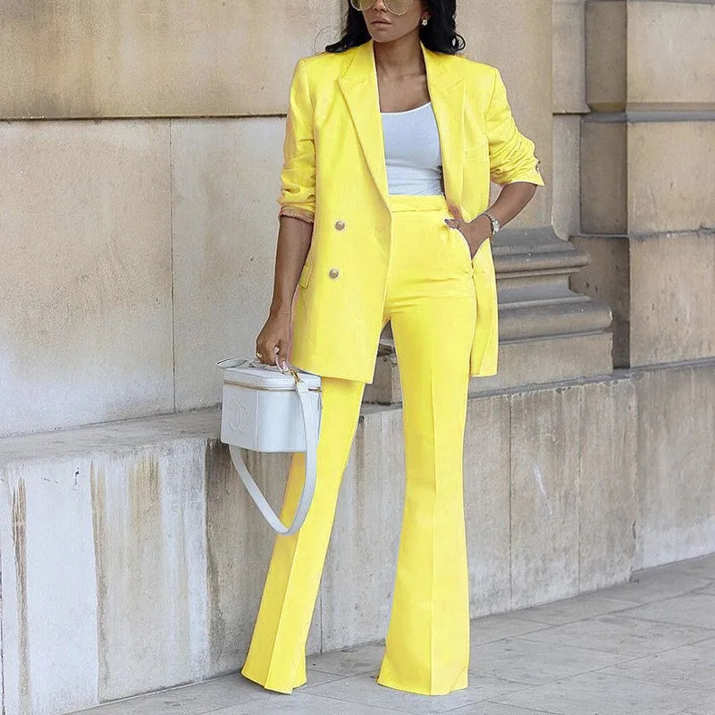 Fashion Wide-leg Trousers Women Blazer Set Autumn Winter Double-breasted Long Suit Coat Trousers Female Suit Office 2-piece Set