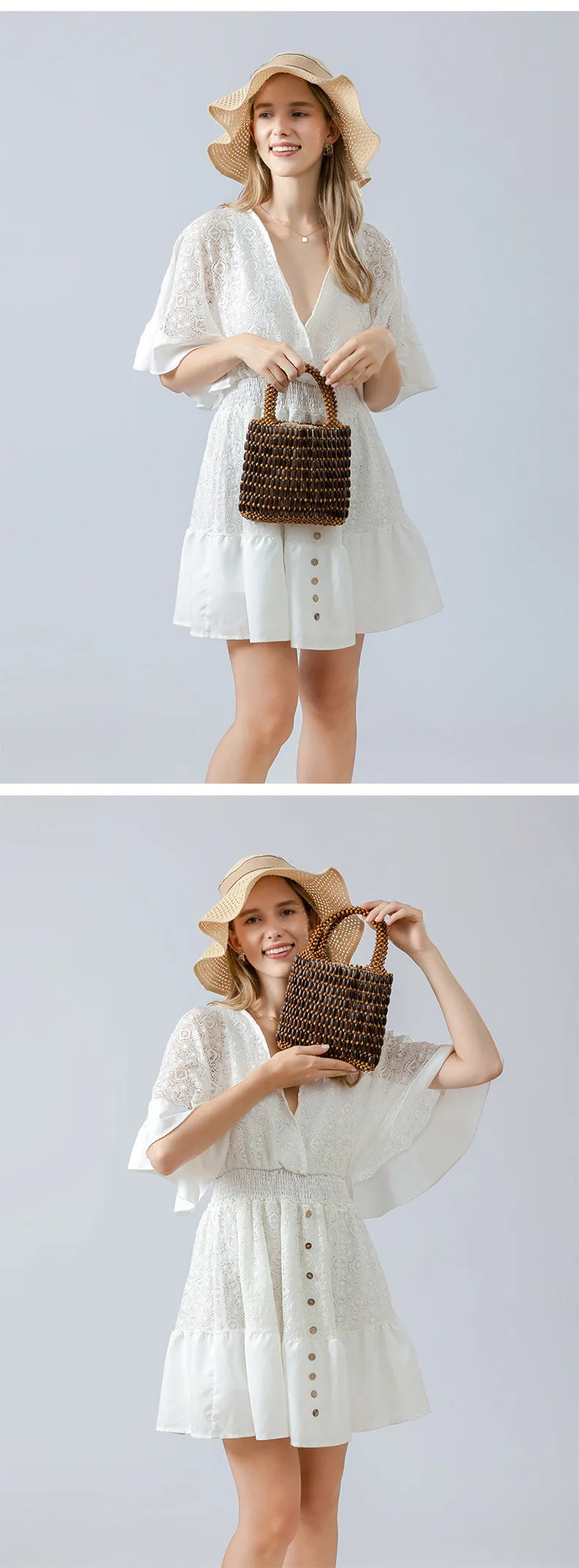 Summer Boho Style Hollow Out Woven Bag for Women Fashion Wooden Beads Shoulder Bag Seaside Holiday Mesh Bucket Tote Bags Bolsa