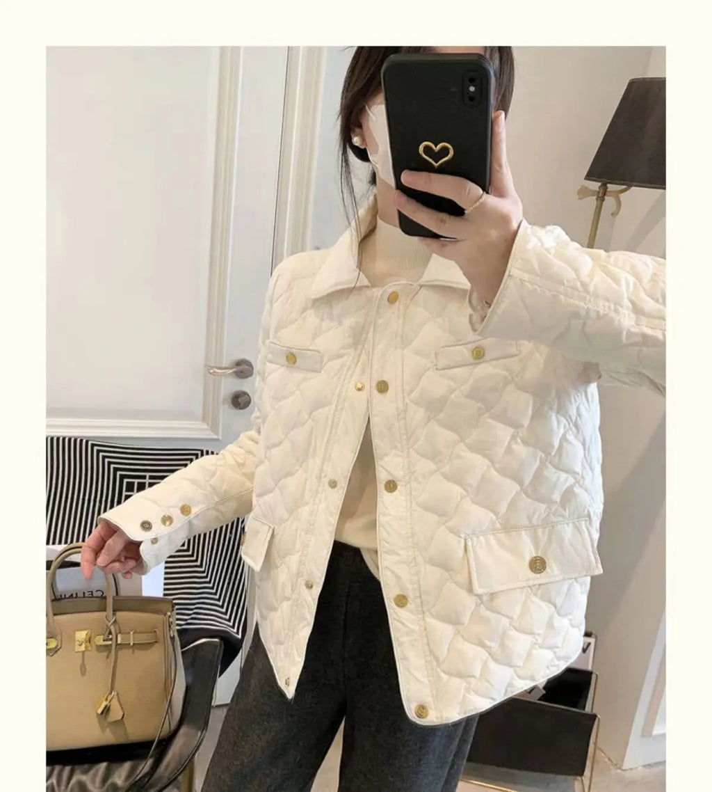 Down Cotton Jacket Women's 2025 Autumn Winter New Light And Thin European High-End sense Niche Rhombus Down Cotton Jacket Parka