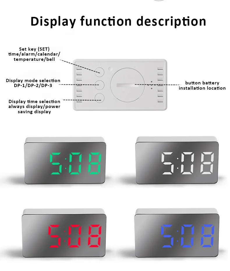 Multifunctional Table Clock Digital Alarm Snooze Mirror Display Time Night LED Light Desk Desktop Home Decor Gifts for Friends