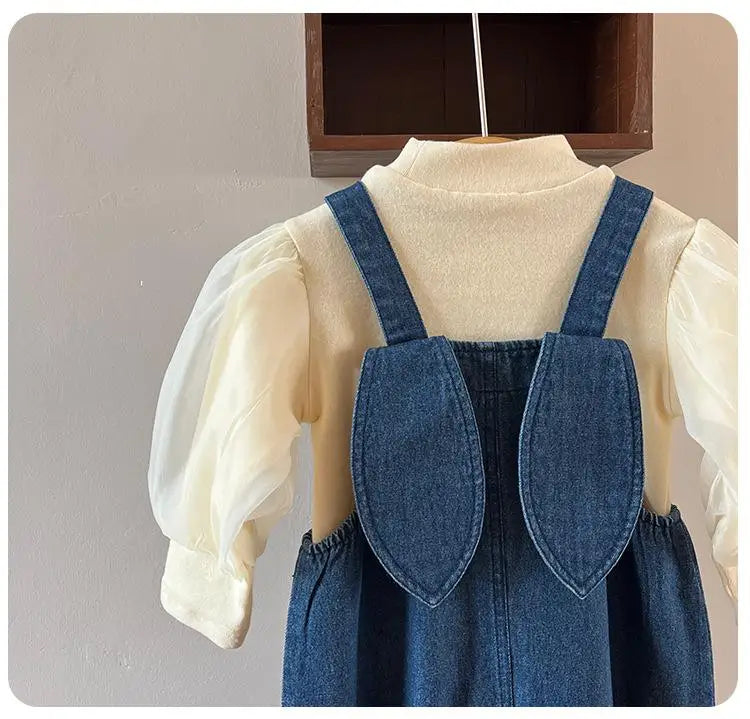 2025 Autumn New Baby Girls Cute Rabbit Ears Denim Overalls Solid Infant Sleeveless Jumpsuit Toddler Casual Strap Jean Trousers