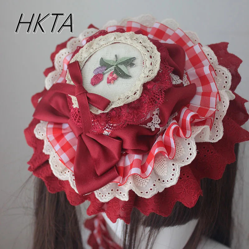 Lolita Sweet Plaid Bow Burgundy Hair Clip Hair Accessories Women Embroidery Lace Stitching Pleated Cake Top Hats Headgear Female