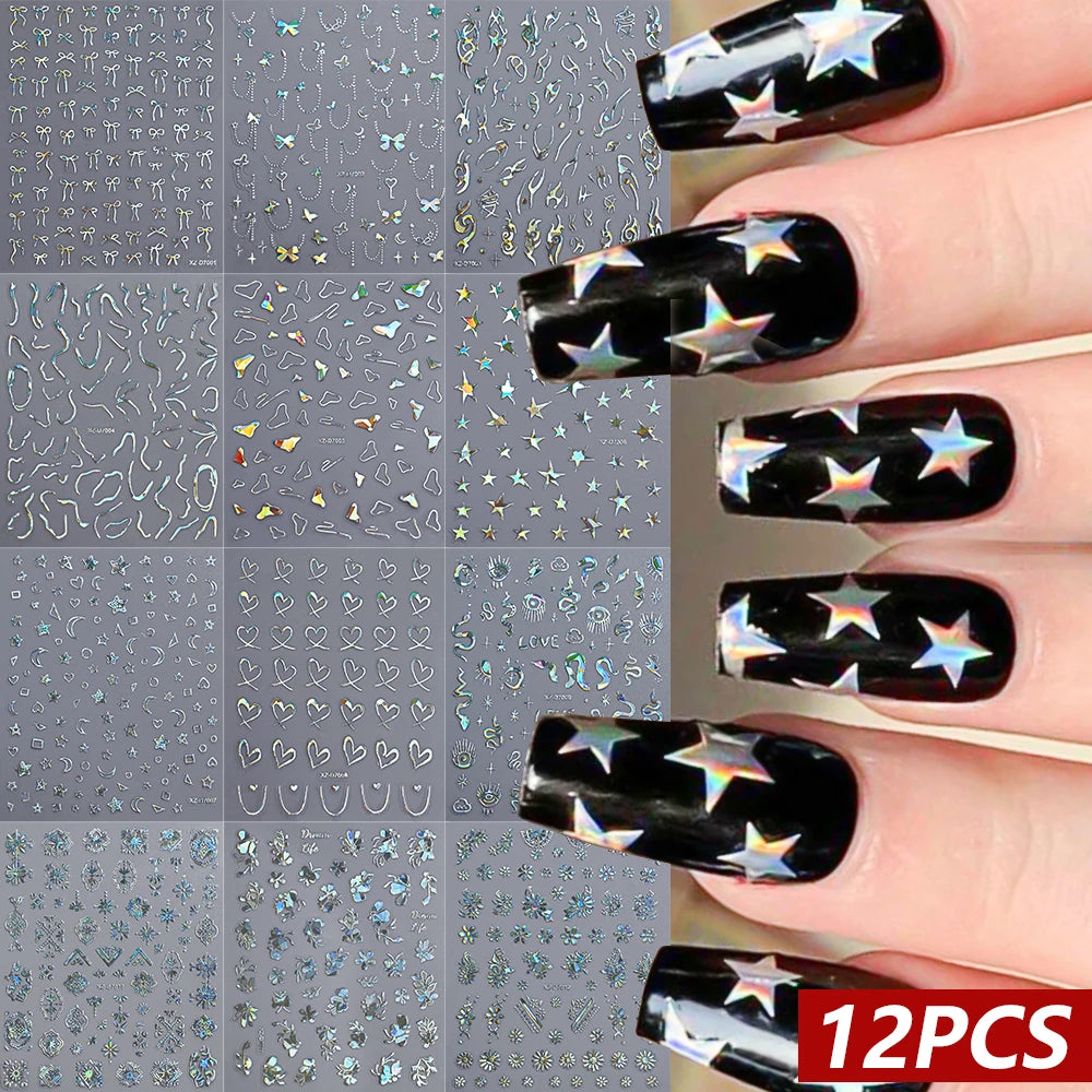 12 pegatinas 3D láser de plata con forma de estrella, corazón, líneas geométricas para uñas, pentagrama, luna, serpiente, flor, autoadhesivas para manicura