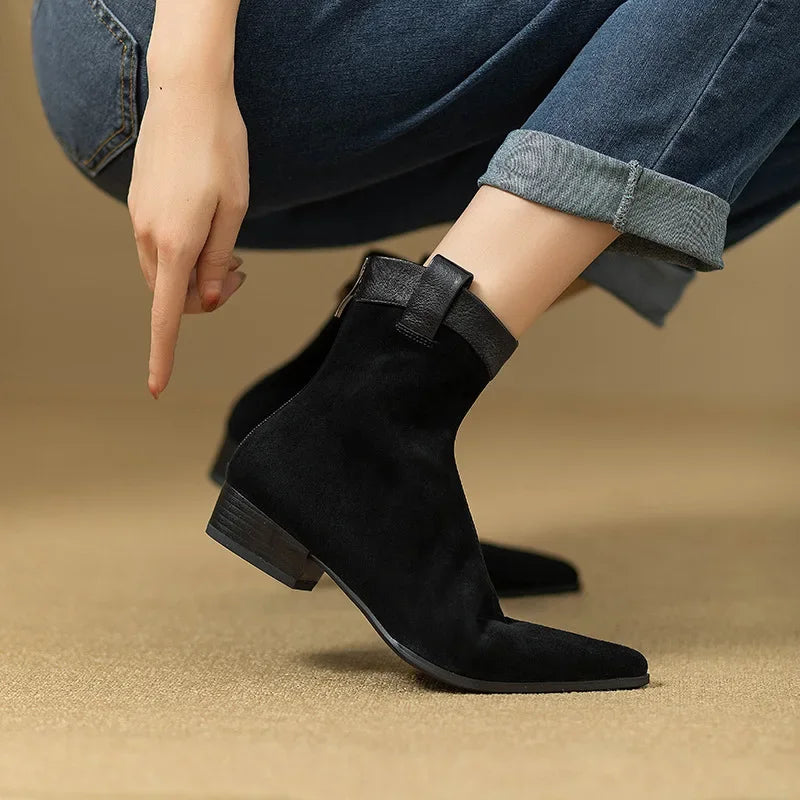 Women's Vintage Chunky Heel Ankle Boots Autumn Winter New Pointy Square Head Suede Back Zipper Soft Sole Non-slip Short Boots