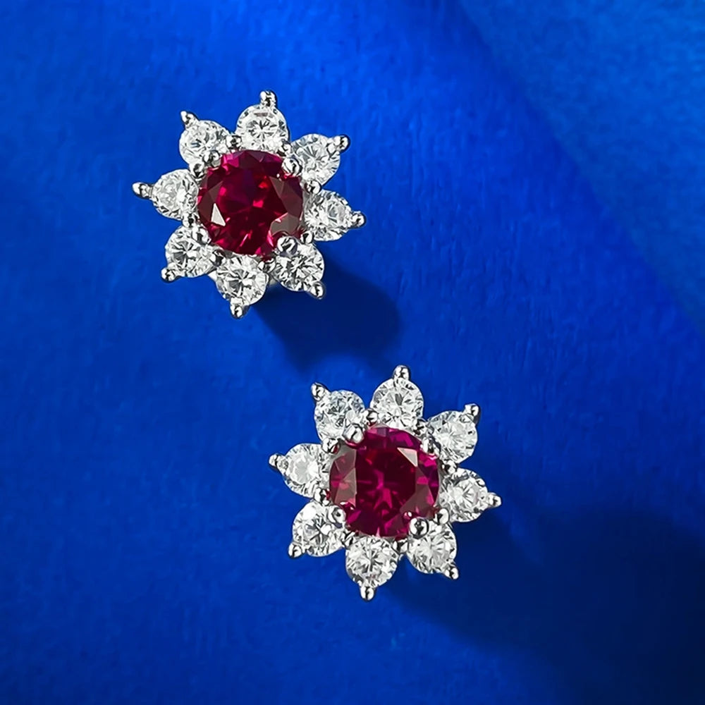 Wong Rain 100% 925 Sterling Silver Round Cut Ruby High Carbon Diamond Gemstone Flower Ear Studs Earrings Jewelry Wholesale