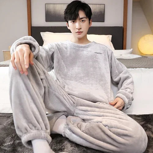 2024 Winter Men Fleece Casual Long Sleeve Pajamas Set Coral Velvet Cute Cartoon Sleepwear Male Plush Thicken Warm Homewear