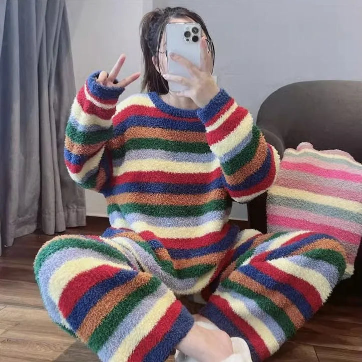 Winter Pajamas for Women: Cute Rainbow Pattern Korean Style Simple Half-Fleece Warm Pajamas Homewear Women's Winter Set