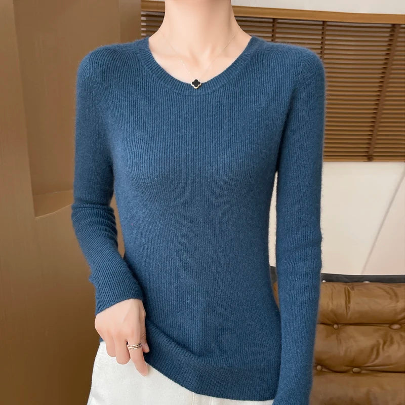 Early Fall New Crew-Neck Sweater Elegant High Elastic Simple Solid Color Thin Knit Crew-Neck Sweater Long Sleeve-GH458