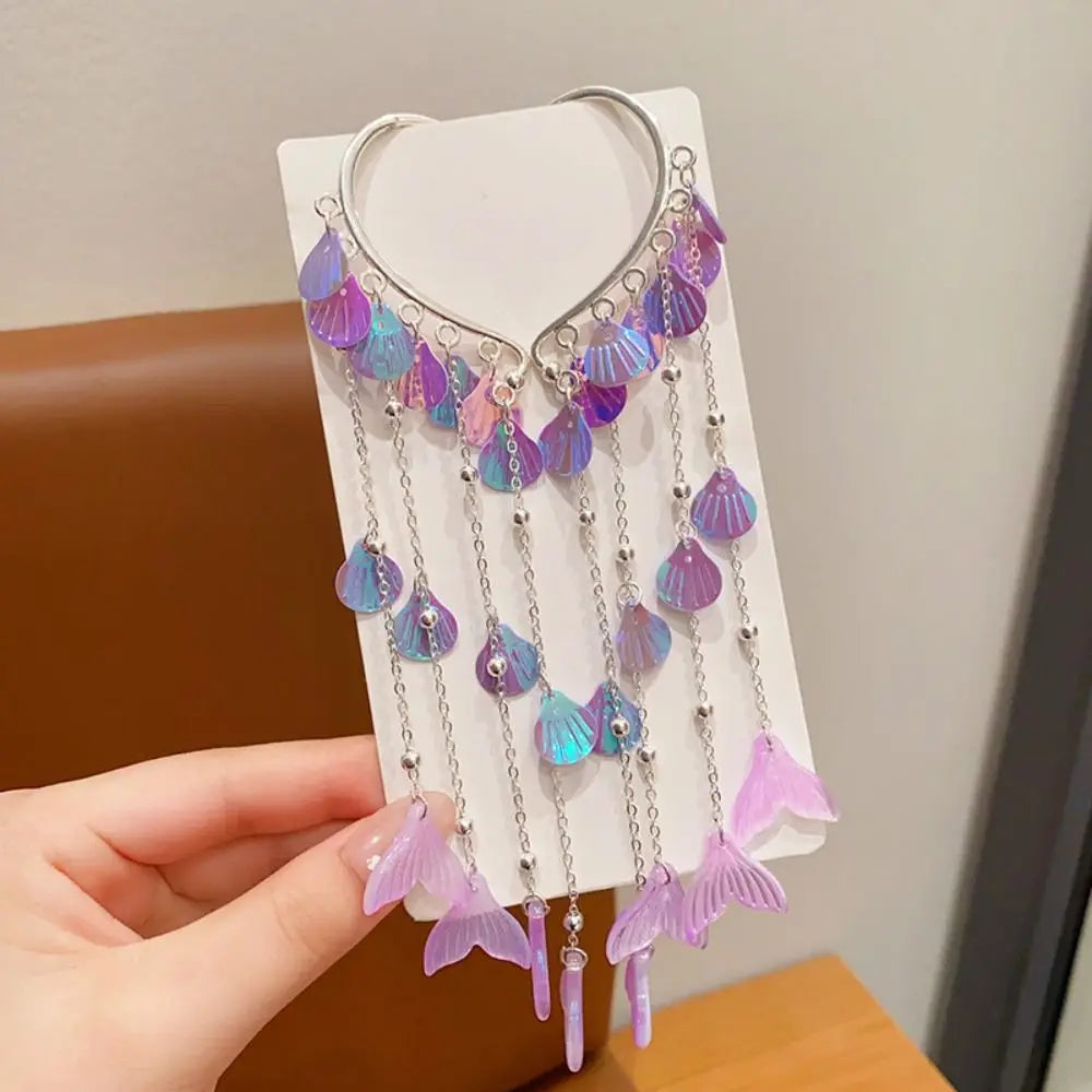 Cute Children Mermaid Pearl Hair Clip Princess Tassel Forehead Chain Tassel Bow Accessories