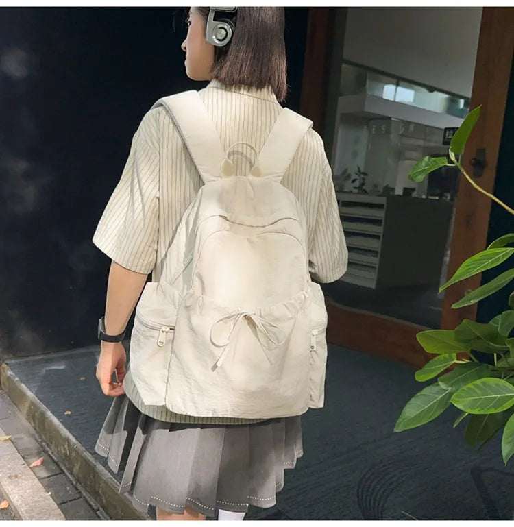 Japanese Style Student Backpack Solid Color Bow Travel School Bag Lightweight and Fashionable Women's Backpack New Simple Casual