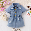 New Children Denim Jumpsuits Dresses Girls Medium and Large Kids Waist-cinching Denim Jumpsuit with Lapels and Ripped Waists