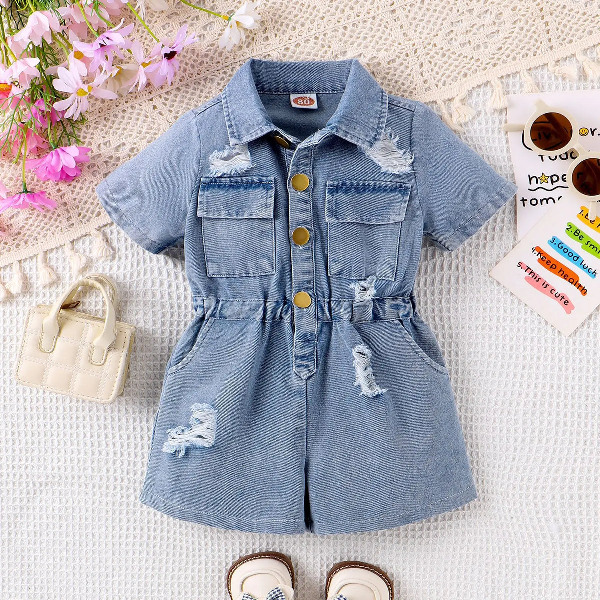 New Children Denim Jumpsuits Dresses Girls Medium and Large Kids Waist-cinching Denim Jumpsuit with Lapels and Ripped Waists
