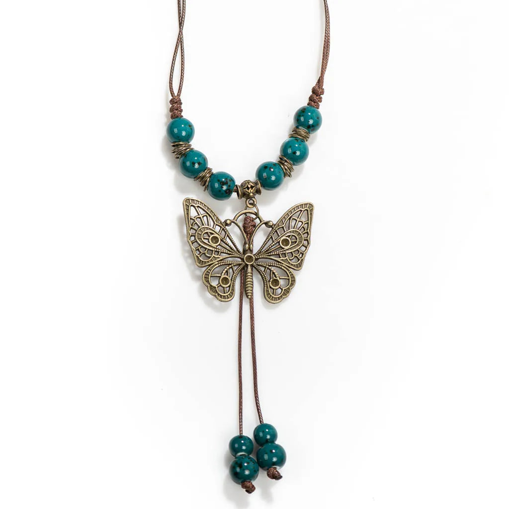Bohemian Vintage Butterfly Necklace, Ceramic Beads, Adjustable Pendant, DIY Gift, Drop Shipping, XPF001