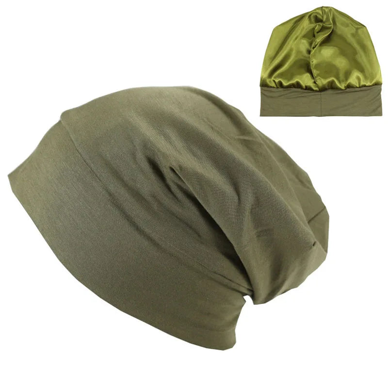 1PC Unisex Elastic Loose Band Satin Lined Double Layer Sleeping Hat For Hair Protection Comfortable Soft Hair Cap Beanie Hat
