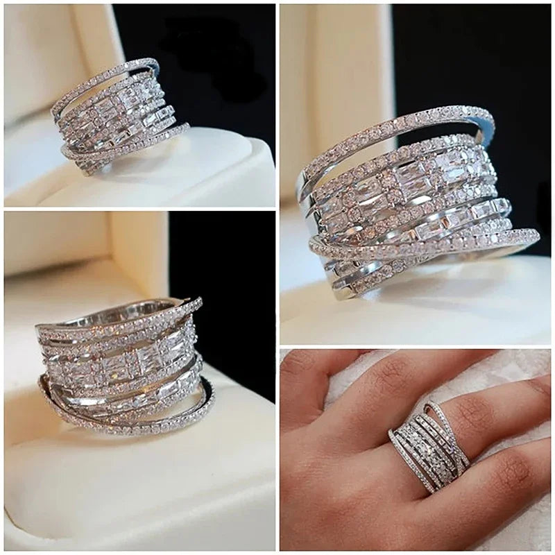 Huitan Fancy Brilliant Irregular Multilayered Wide Rings for Women Luxury Noble Finger Accessories Trendy Wedding Party Jewelry