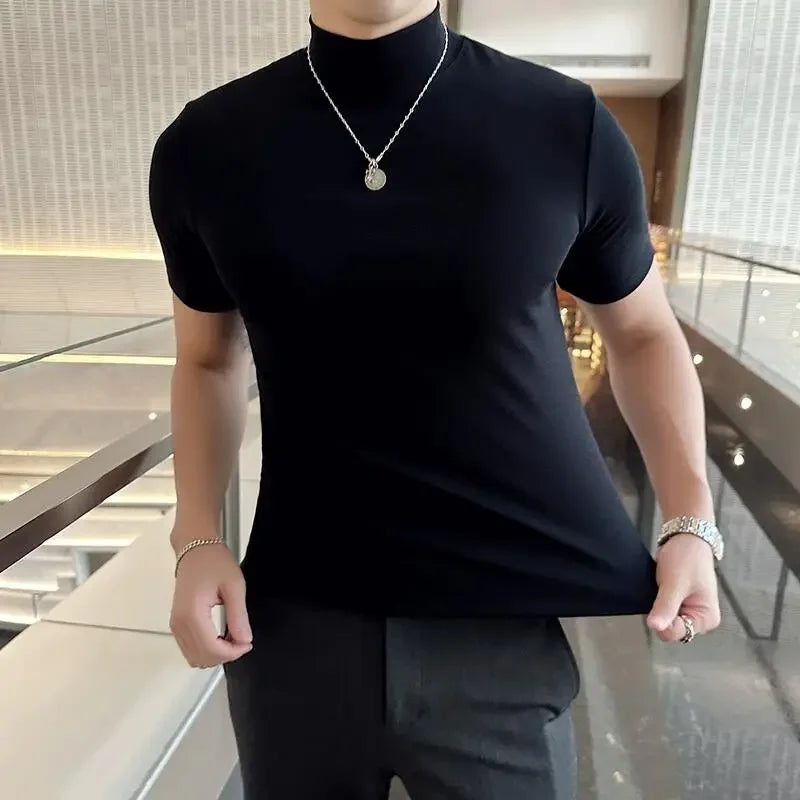 Spring Summer Men's Half High Neck Short Sleeve T-shirt Korean Slim Fit Solid Color Bottom Shirt Casual Cotton Elastic T-shirts