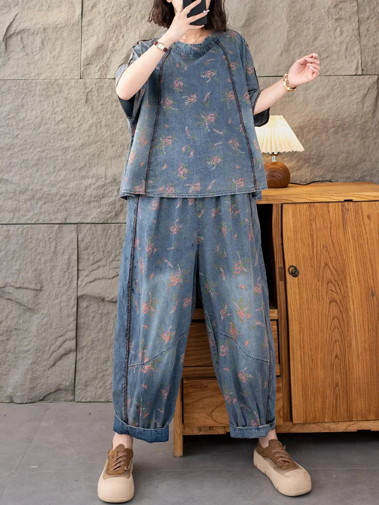 AmaxluluE 2025 Summer Women Denim Suits Loose Printed Two Pieces Sets Floral Outfit O Neck Tops Tees Vintage Jeans Fashion Pants