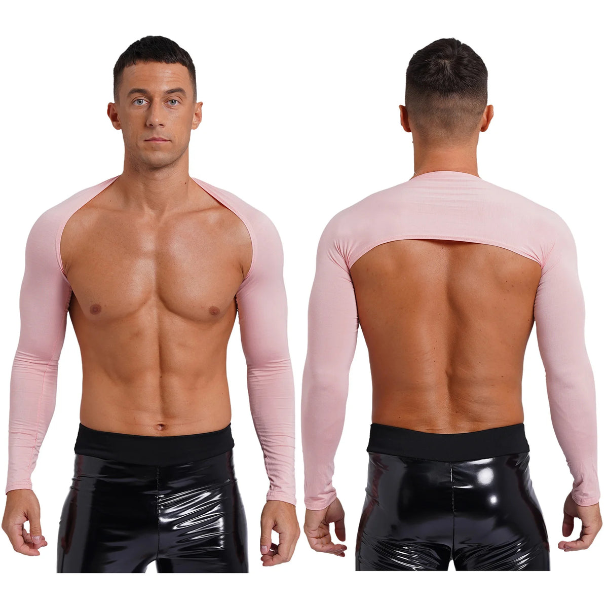 Men Open Front Half Crop Top Solid Long Sleeve Cardigan Bolero Shrug Tops Muscle Arm Sleeves Workout Sports Gym Tops Clubwear