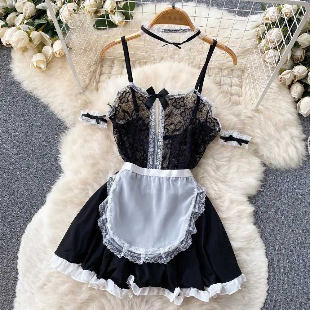 Sexy Cute Sweet Lace Backless Jumpsuit Women Slim Fit Bodysuit Girl Strap Bow knot Cosplay Hot Sweet Bow Ribbon Lingerie Dress