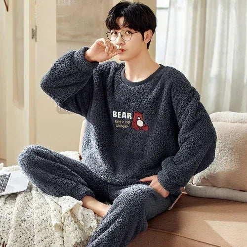 2024 Winter Men Fleece Casual Long Sleeve Pajamas Set Coral Velvet Cute Cartoon Sleepwear Male Plush Thicken Warm Homewear