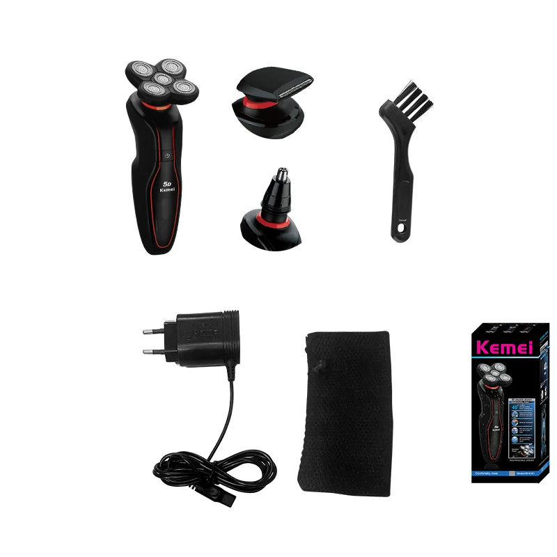 Kemei Mens Electric Razor Rechargeable Rotary Shavers Floating Head Shaving 5 Blades for Bald Head Gifts for Husband Boyfriend