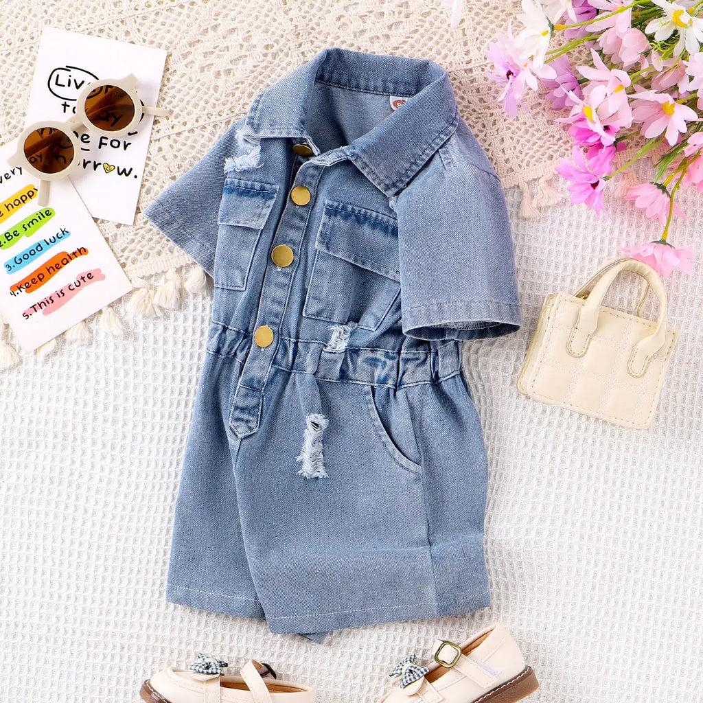 New Children Denim Jumpsuits Dresses Girls Medium and Large Kids Waist-cinching Denim Jumpsuit with Lapels and Ripped Waists