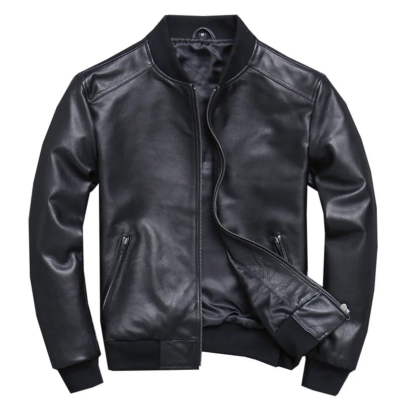 Leder Bomberjacke Herren Fliegerjacke Schwarzes echtes Leder Schaffell Kurz Slim Business Jacke Leder
