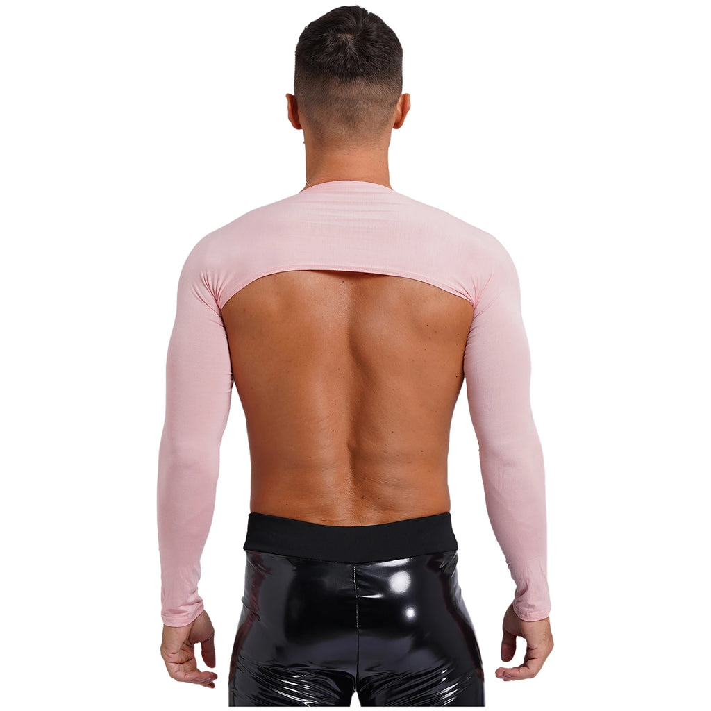 Men Open Front Half Crop Top Solid Long Sleeve Cardigan Bolero Shrug Tops Muscle Arm Sleeves Workout Sports Gym Tops Clubwear
