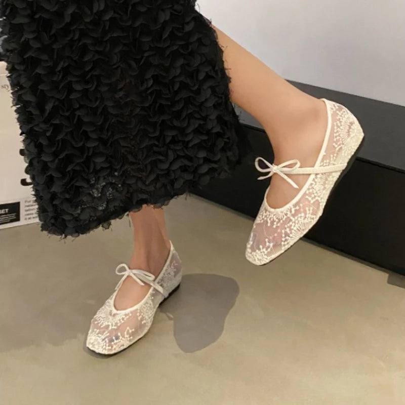 Mesh lace inner heightening women's shoes 2025 summer new sexy square head shallow breathable ballet shoes bow flat shoes