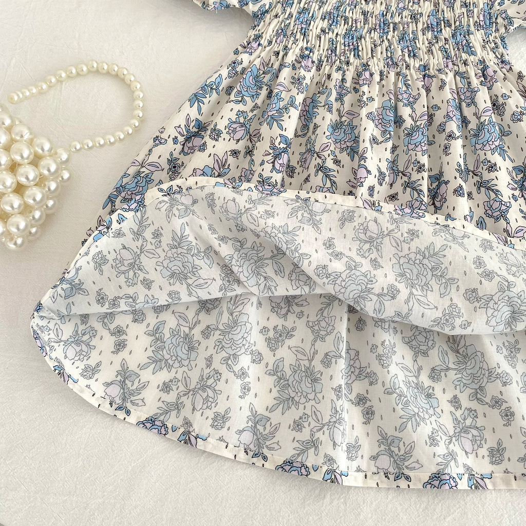 Toddler Girls Floral Princess Dress Little Girl Cotton Short Sleeve Blue Flowers Party Dress Summer Casual Dresses Kids Clothes