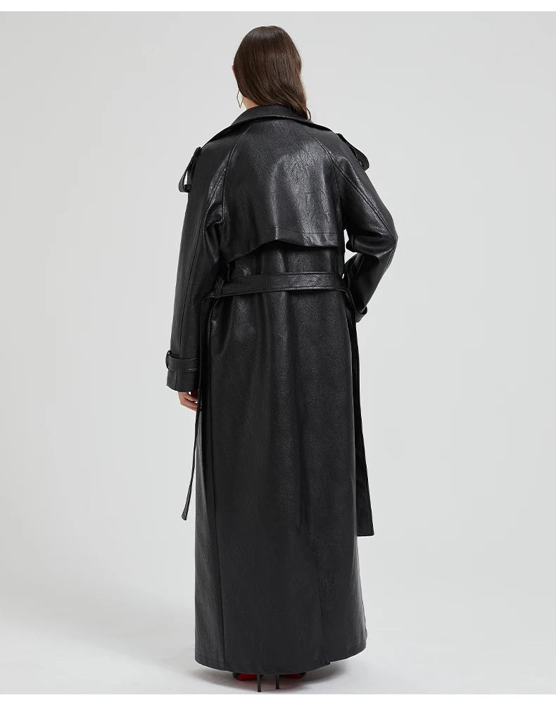 Lautaro Spring Autumn Extra Long Brown Pu Leather Trench Coat for Women Sashes Luxury Chic Overcoat Runway European Fashion 2024