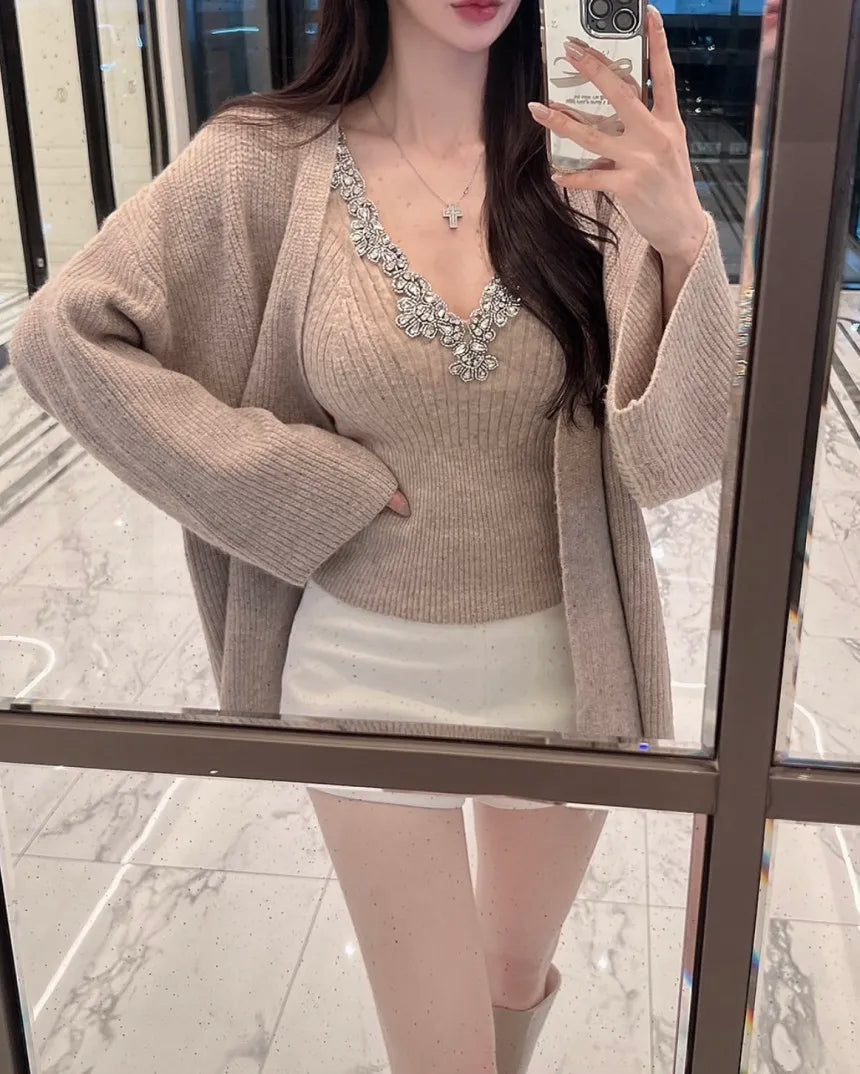 Korean Sle Sexy Sequin Strap Vest Women's Inner Knitted Cardigan Coat Autumn Two-Piece Set Faionable Top And Bot Ensemble