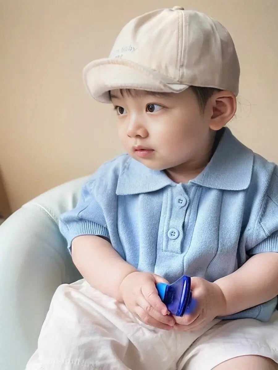 Koreanische Baby-Kapuzen-Tops für Frühling/Sommer 2026, elastisch, mit Umlegekragen, Eisseide, gestrickt, kurzärmlig, dünn, für den Sommer