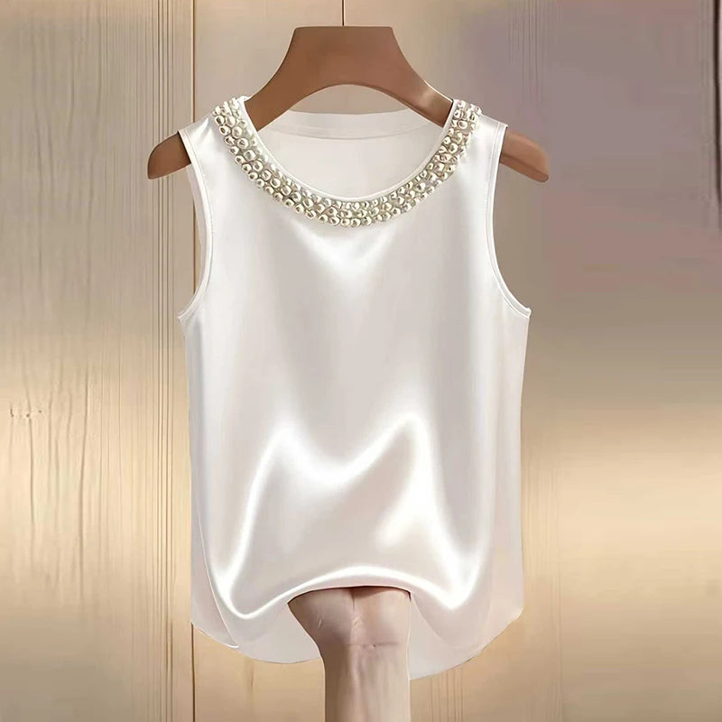 Elegant Satin Shirt Women Summer Bead Design Silk Blouse Women T-Shirts Fashion Loose Vest Women Tank Tops Fashion Lady Tee