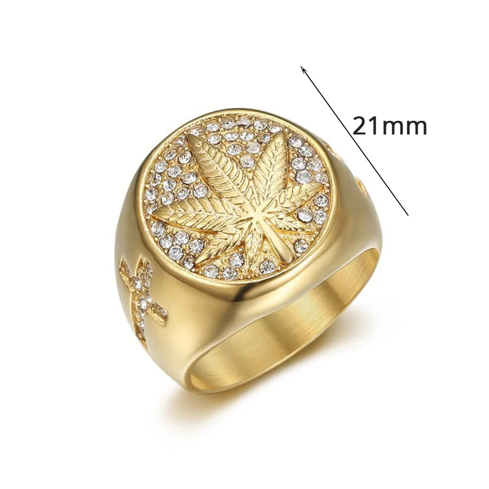 Hip Hop Iced Out Bling Hemp Leaf Ring Male Gold Color Stinless Steel Cubic Zirconia Rings For Men Fashion Party Jewelry Gift