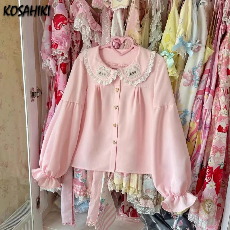 Japanese Lace Patchwork Lolita Sweet Shirt Embroidery Cartoon Kawaii Cute Blouses Harajuku Fairy Peter Pan Collar Grunge Blusas