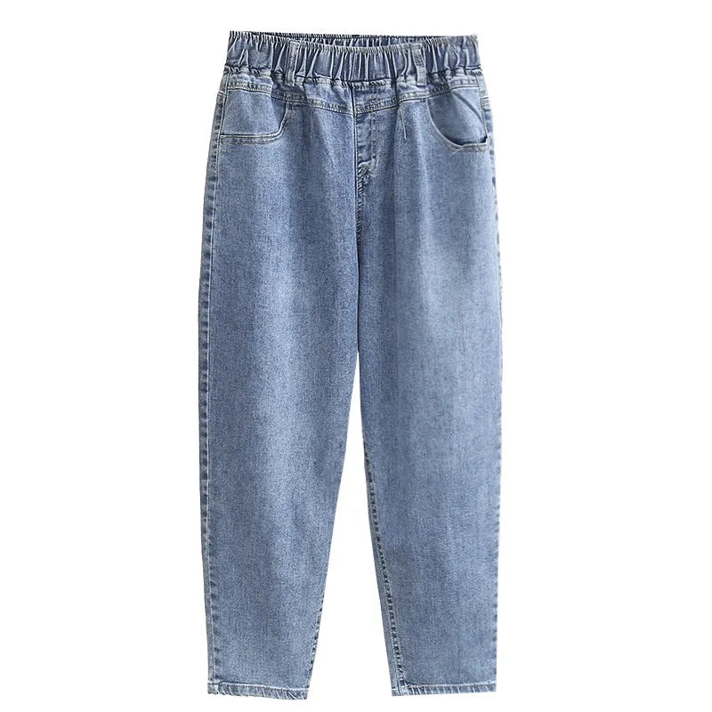 L-6XL Plus Large Size Baggy Jeans Women High Waisted Jeans Woman Mom Jeans Loose Denim Harem Pants Elastic Waist Blue